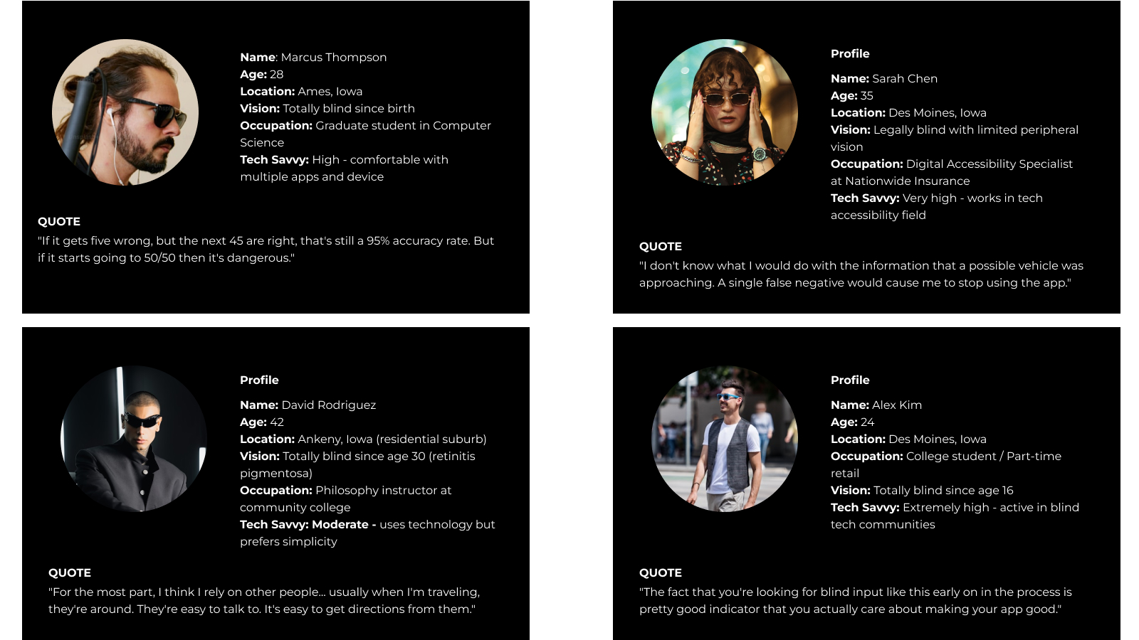 Four primary personas for NeuroNav: Marcus, Sarah, David, and Alex.