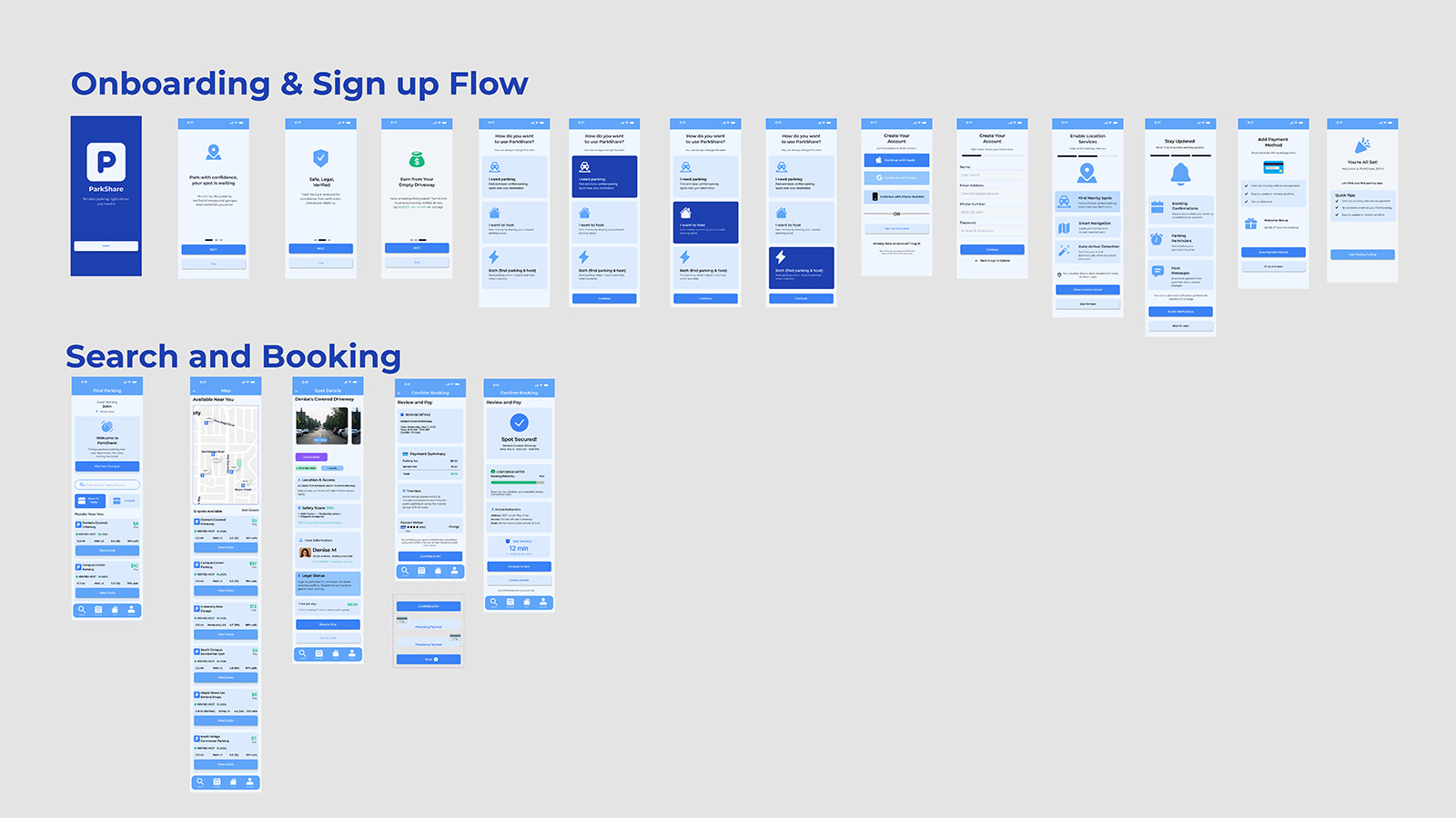 ParkShare Color Onboarding, Search and Booking