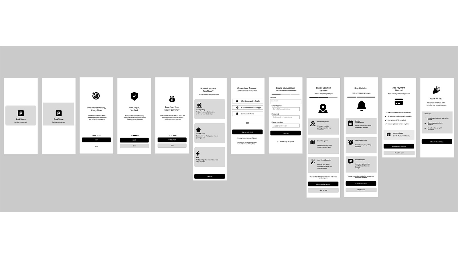ParkShare Lo-Fi Onboarding Flow